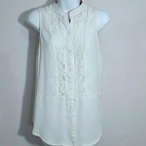 Tank lace Trimmed top shell tunic cream ivory white Button Up Sleeveless Whimsy